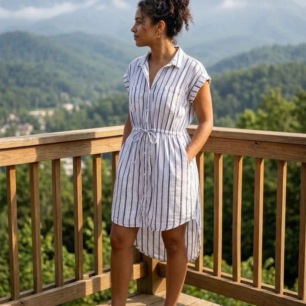 Japna Striped Shirt Dress Size M Cotton Blue White Button Down High-Low Hem